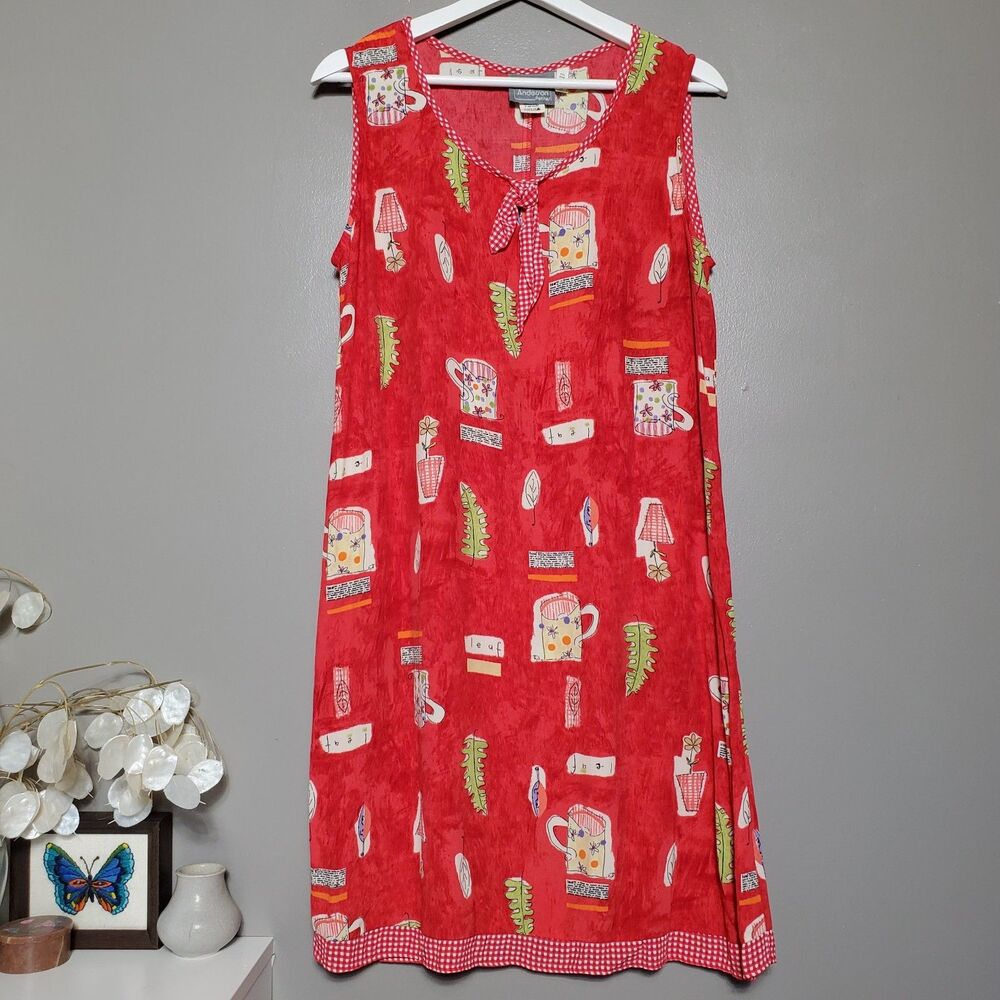 Vintage Carol Anderson Petites Dress Size Medium Red Tea Print Gingham Trim